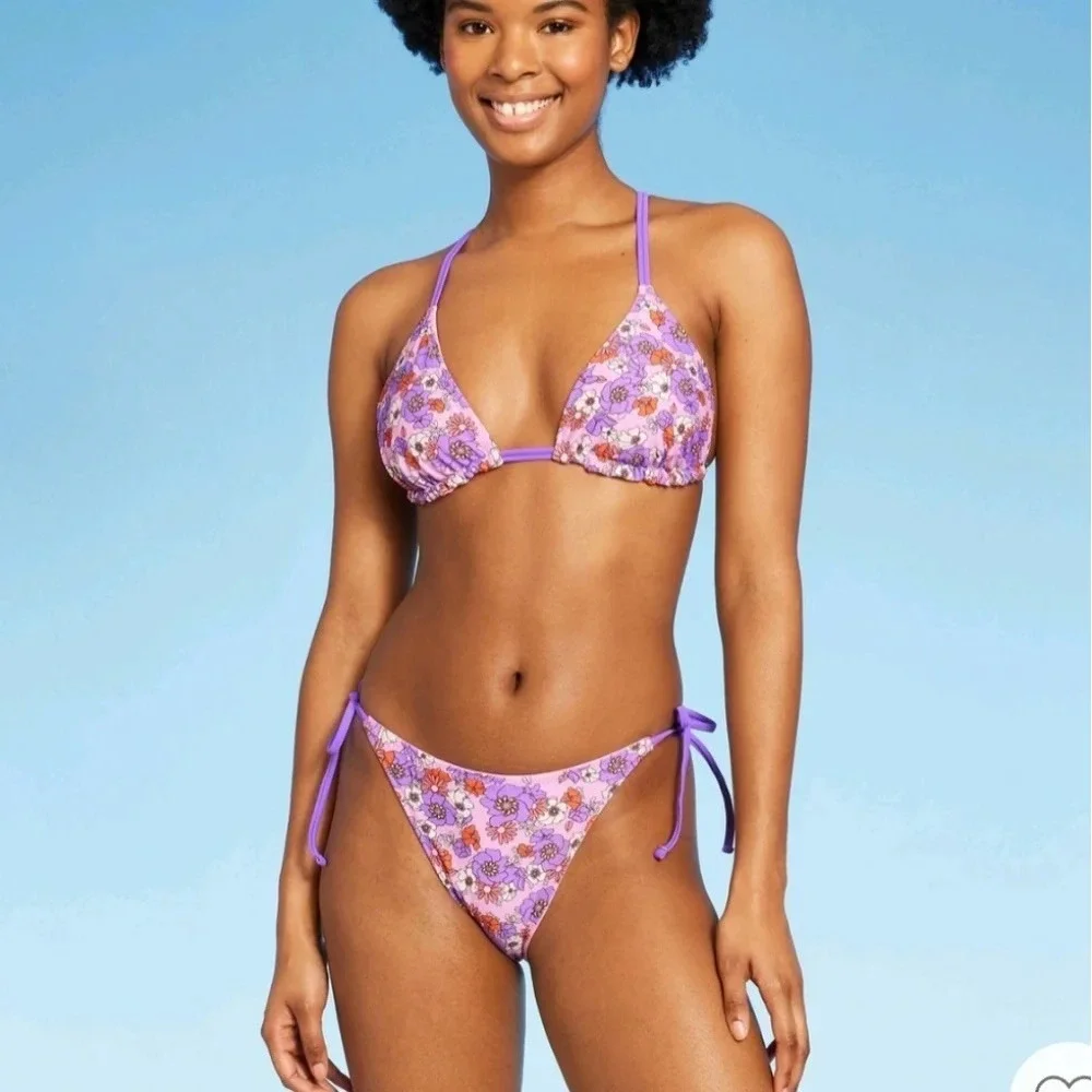 Wild Fable Reversible Floral Bikini Set XS Purple Pink Triangle Top Tie Bottoms